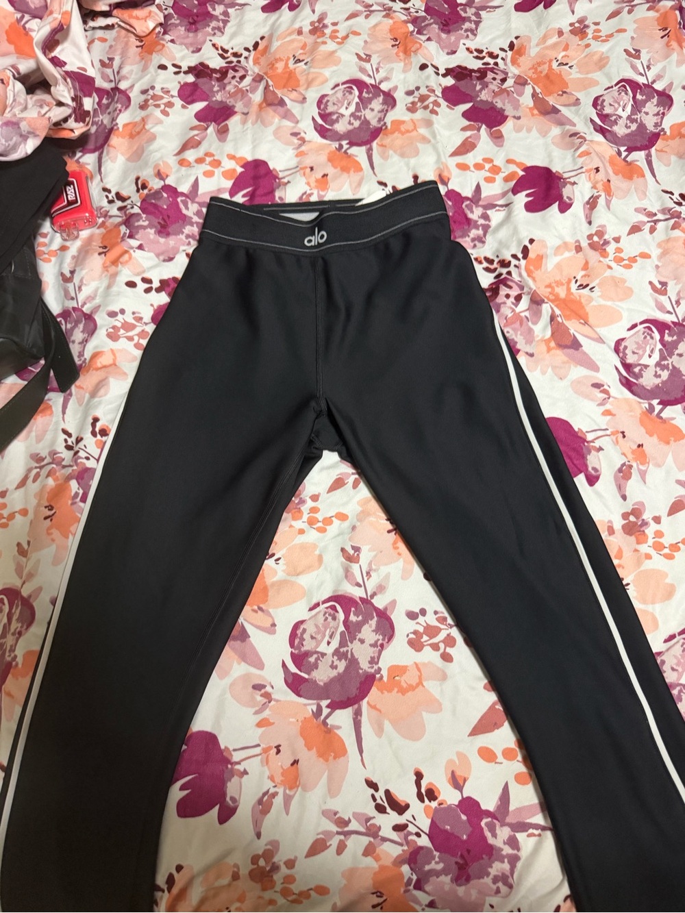 ALO Yoga Kids Black Leggings with White Side Stripe